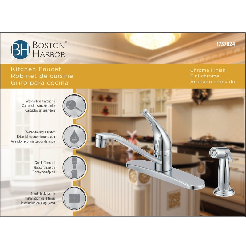 Boston Harbor FS610046CP Kitchen Faucet, 1.8 gpm, 1-Faucet Handle, 4-Faucet Hole, Metal/Plastic, Chrome, Deck Mounting