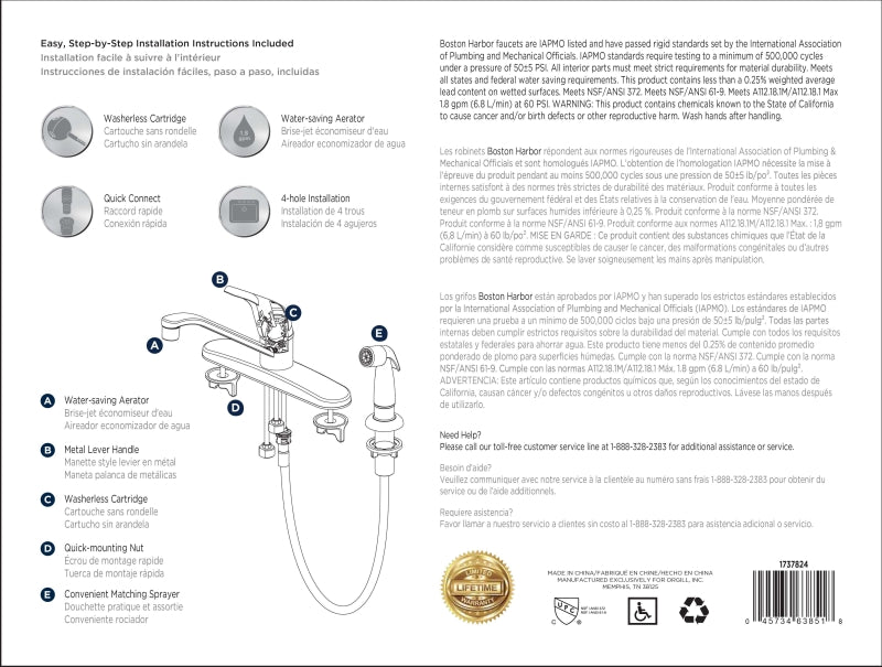 Boston Harbor FS610046CP Kitchen Faucet, 1.8 gpm, 1-Handle, 4-Faucet Hole, Metal/Plastic, Chrome Plated