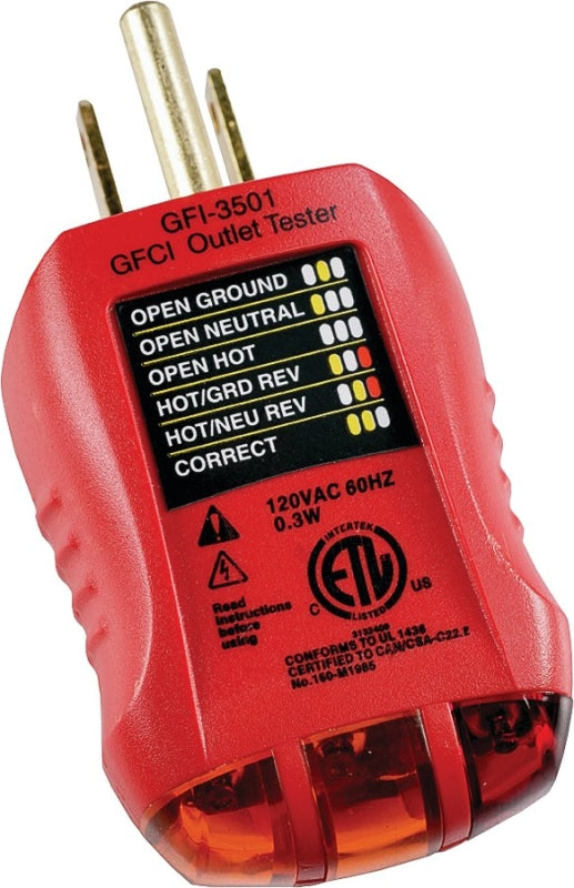 Gardner Bender GFI-3501 Fault Receptacle Tester and Circuit Analyzer, Neondicator Display, Red