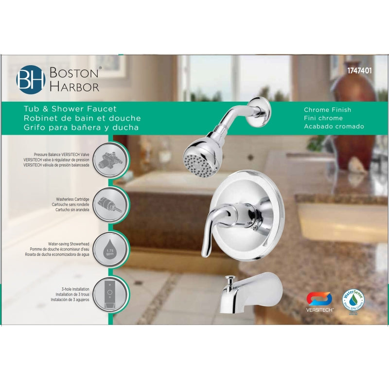 Boston Harbor TQ-F1214517CP Tub/Shower, Fixed-Mount Showerhead, 1.75 gpm Showerhead, 1-Spray Setting, 1-Handle