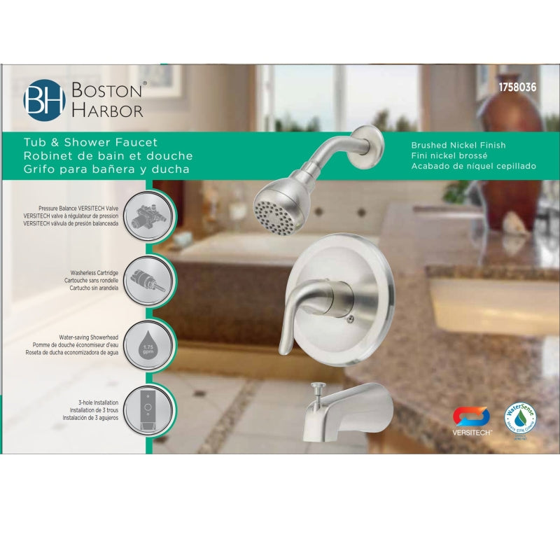 Boston Harbor TQ-F1214517NP Tub/Shower, Fixed-Mount Showerhead, 1.75 gpm Showerhead, 1-Spray Setting, 1-Handle