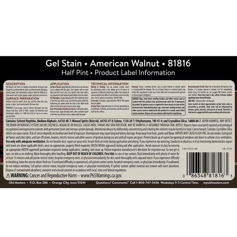Old Masters Semi-Transparent American Walnut Oil-Based Alkyd Gel Stain 1/2 pt, Pack of 6