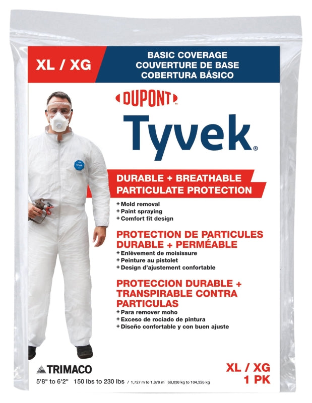 Trimaco 14123 Professional Painter's Coverall, XL, Zipper Closure, Tyvek, White