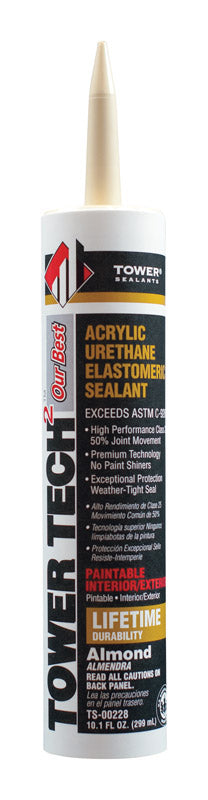 Tower Sealants TOWER TECH2 TS-00228 Elastomeric Sealant, Almond, 7 to 14 days Curing, 40 to 140 deg F, 10.1 fl-oz Tube, Pack of 12
