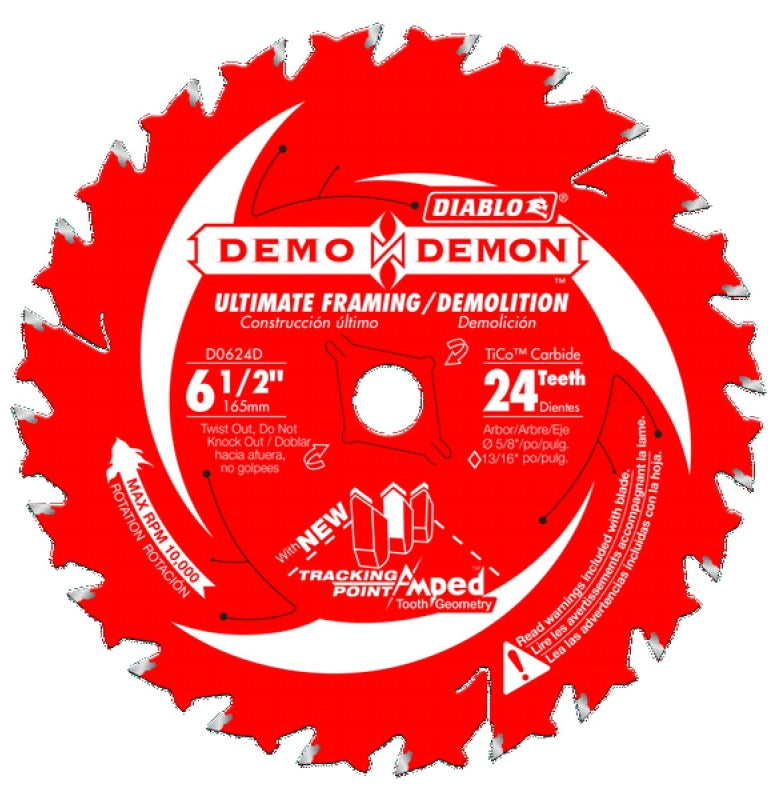 Diablo Demo Demon Amped D0624DA Framing Saw Blade, 6-1/2 in Dia, 5/8 in Arbor, 24-Teeth, Carbide Cutting Edge