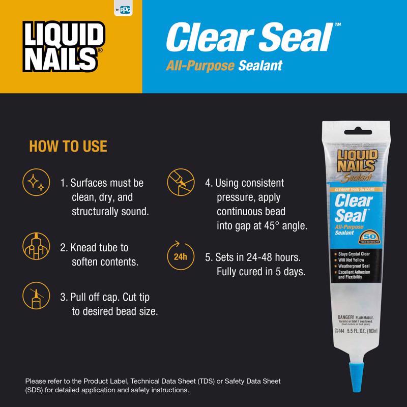 Liquid Nails Low Strength Rubber Clear Sealant 5.5 oz, Pack of 6
