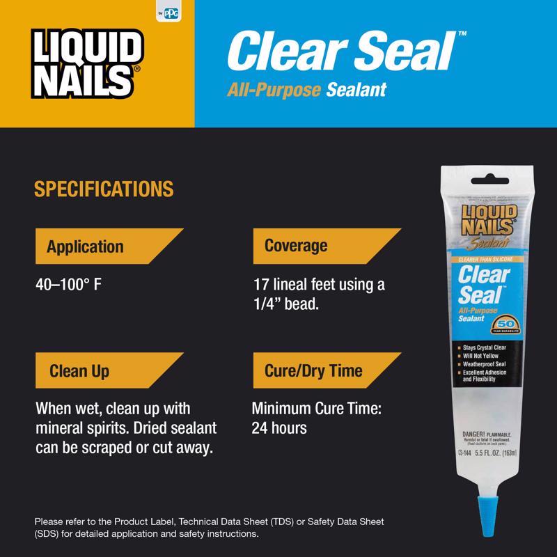 Liquid Nails Low Strength Rubber Clear Sealant 5.5 oz, Pack of 6