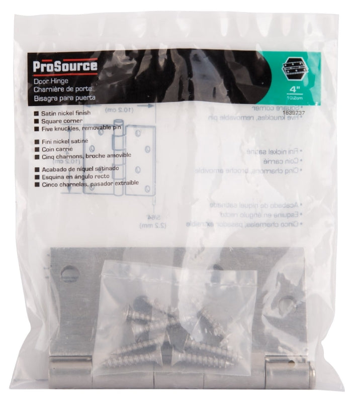 ProSource 20339SNX Square Corner Door Hinge, 4 in H Door Leaf, 1-3/4 in W Door Leaf, 2.2 mm Thick Door Leaf, 4 x 4 in