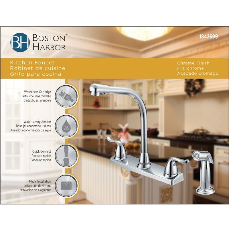 Boston Harbor F8F10036CP Kitchen Faucet, 1.8 gpm, 2-Faucet Handle, 4-Faucet Hole, Metal/Plastic, Chrome, Deck Mounting