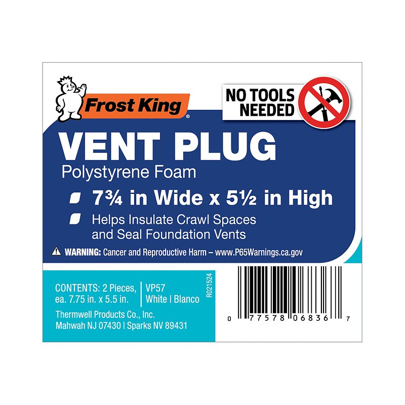 Frost King VP57 Small Foundation Vent Plug, 5-1/2 in H, Polystyrene, White