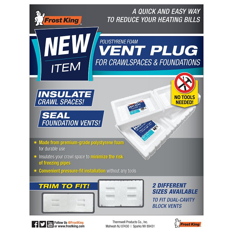 Frost King VP57 Small Foundation Vent Plug, 5-1/2 in H, Polystyrene, White