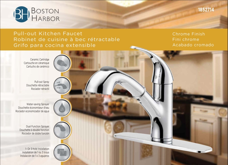 Boston Harbor FP4A4079CP Kitchen Faucet, 1.8 gpm, 1-Faucet Handle, 1, 3-Faucet Hole, Metal/Plastic, Chrome