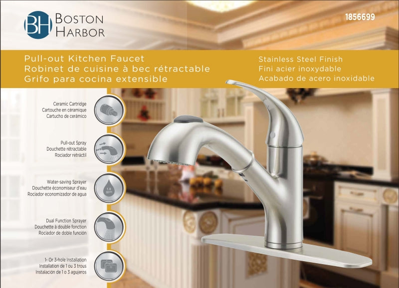 Boston Harbor FP4A4079NP Kitchen Faucet, 1.8 gpm, 1-Faucet Handle, 1, 3-Faucet Hole, Metal/Plastic, Stainless Steel