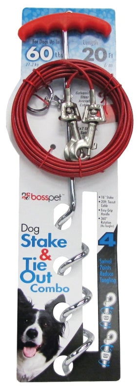 Guardian Gear 01316 Tie-Out/Spiral Stake Combo, 20 ft L Belt/Cable, Steel, For: Large Dogs Up to 60 lb