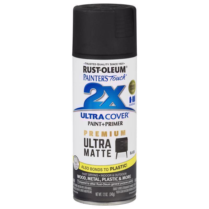 Rust-Oleum Painter's Touch 2X Ultra Cover Ultra Matte Black Paint+Primer Spray Paint 12 oz, Pack of 6