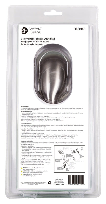 Boston Harbor S2254G22NP Handheld Shower Head, 1/2-14 NPT Connection, 1.75 gpm, 5 Spray Settings, 5-Spray Function, PVC