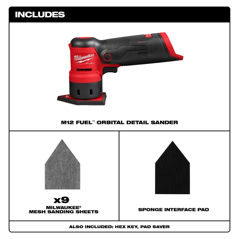 Milwaukee M12 FUEL 2531-20 Orbital Detail Sander, Tool Only, Sponge Pad/Disc, 14,000 opm Load Speed