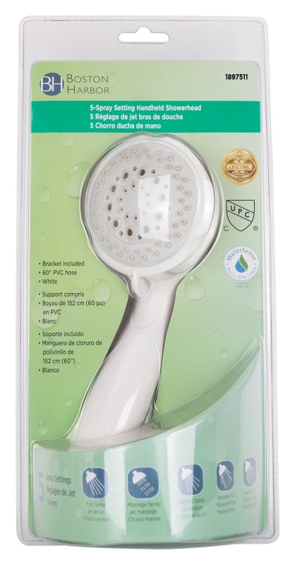 Boston Harbor S2254G22WH Handheld Showerhead, 1.75 gpm, 1/2-14 NPT in Connection, Threaded, 5 -Spray Function, PVC