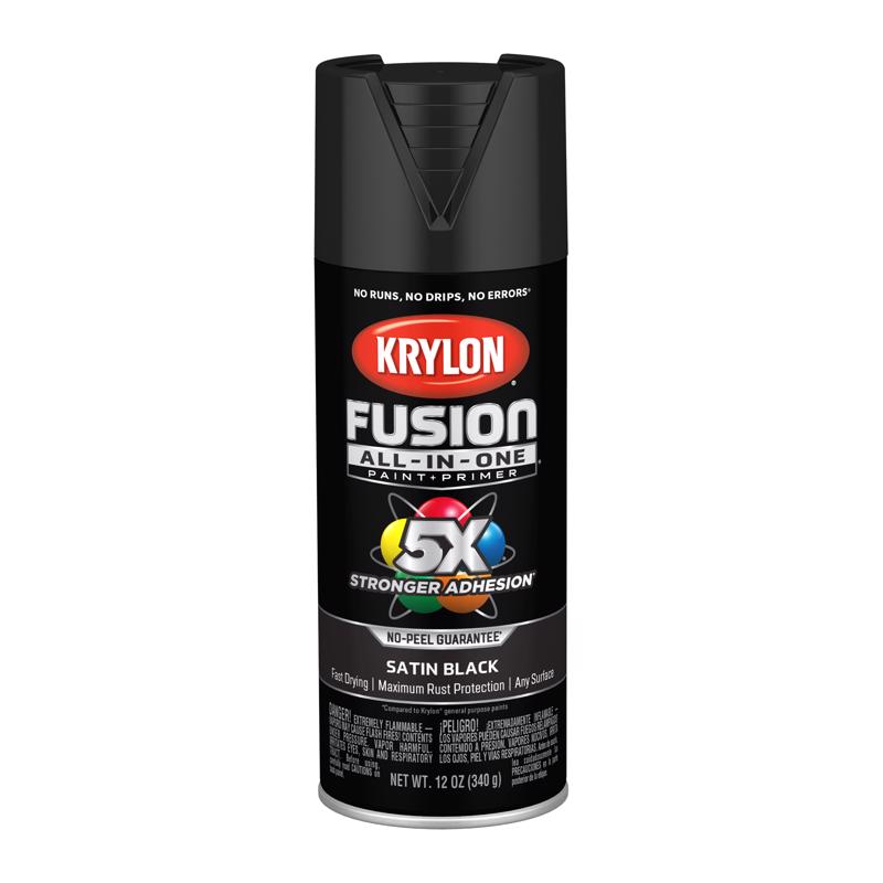 Krylon Fusion All-In-One Satin Black Paint+Primer Spray Paint 12 oz, Pack of 6
