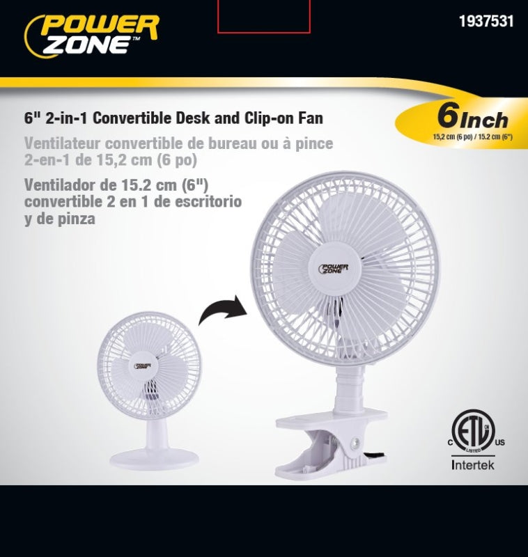 PowerZone FT-602 Oscillating Portable Fan, 120 VAC, 6 in Dia Blade, 3-Blade, 2-Speed, 60 deg Rotating, White