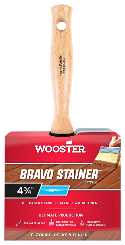Wooster Bravo Stainer F5116-4 Paint Brush, 4 in W, Flat Brush, 2-9/16 in L Bristle, Polyester Bristle, Threaded Handle