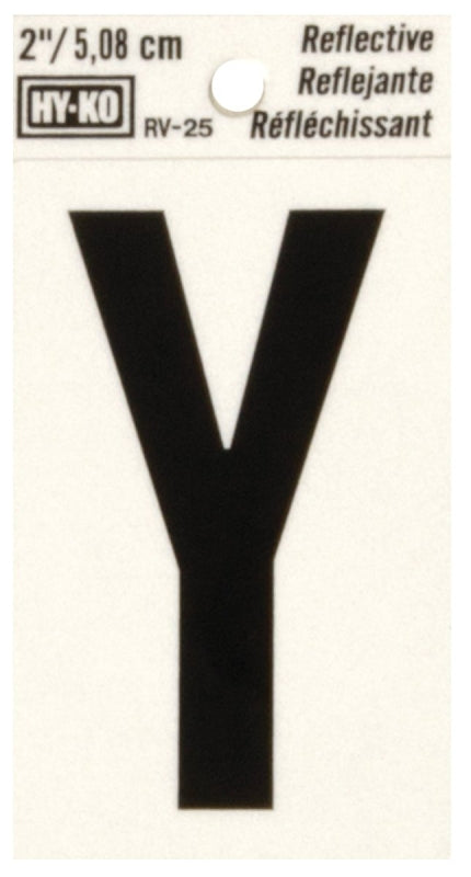 Hy-Ko RV-25/Y Reflective Letter, 1-1/2 in W x 3 in H Dimensions, Character: Y, 2 in H Character, Black Character, Vinyl, Pack of 10