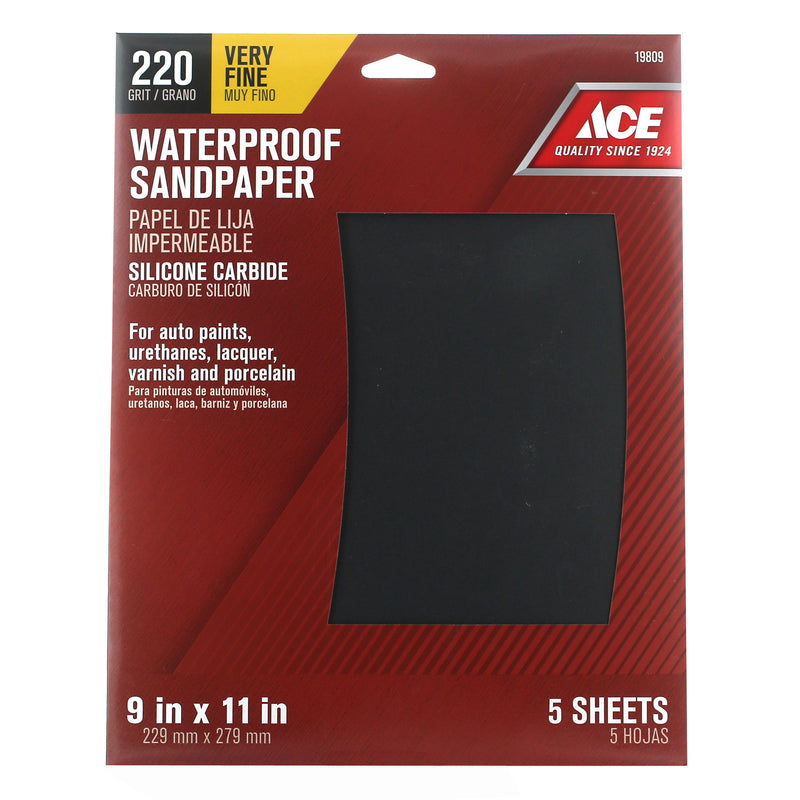 Ace 11 in. L X 9 in. W 220 Grit Silicon Carbide Waterproof Sandpaper 5 pk, Pack of 10