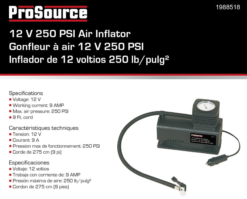 ProSource TPG-ACR250PSI3L Air Compressor, Electric, 12 V, 250 psi Pressure, 15 Lpm Air