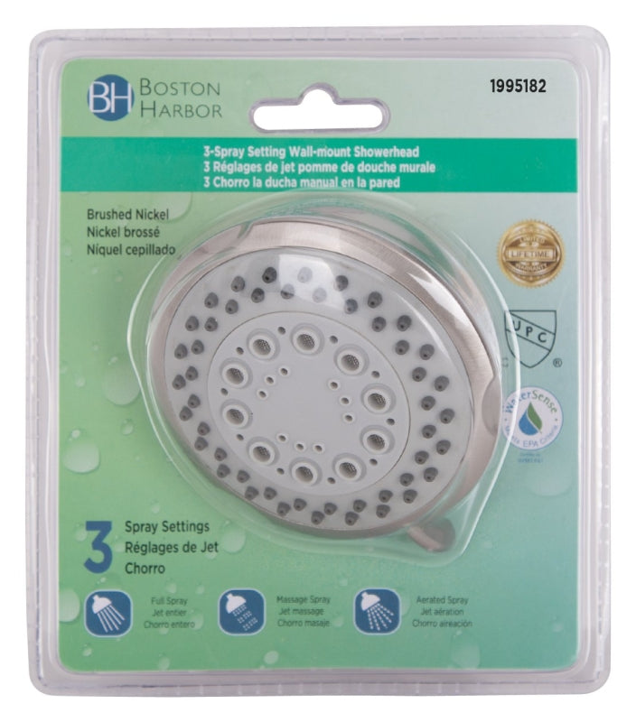 Boston Harbor TS02213NP Showerhead, 1.75 gpm, 1/2 in Connection, Threaded, 3-Spray Function, Plastic, Brushed Nickel