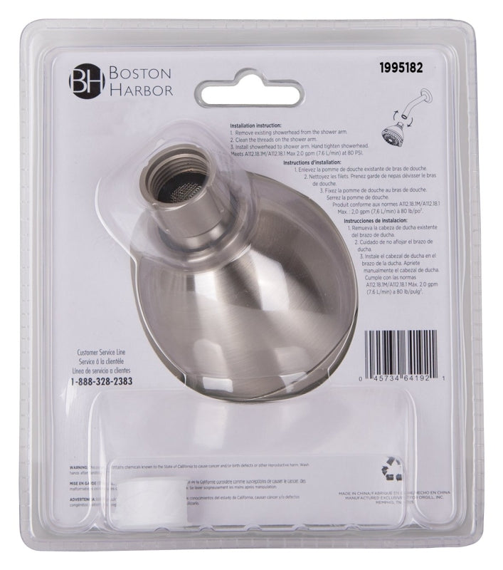 Boston Harbor TS02213NP Showerhead, 1.75 gpm, 1/2 in Connection, Threaded, 3-Spray Function, Plastic, Brushed Nickel