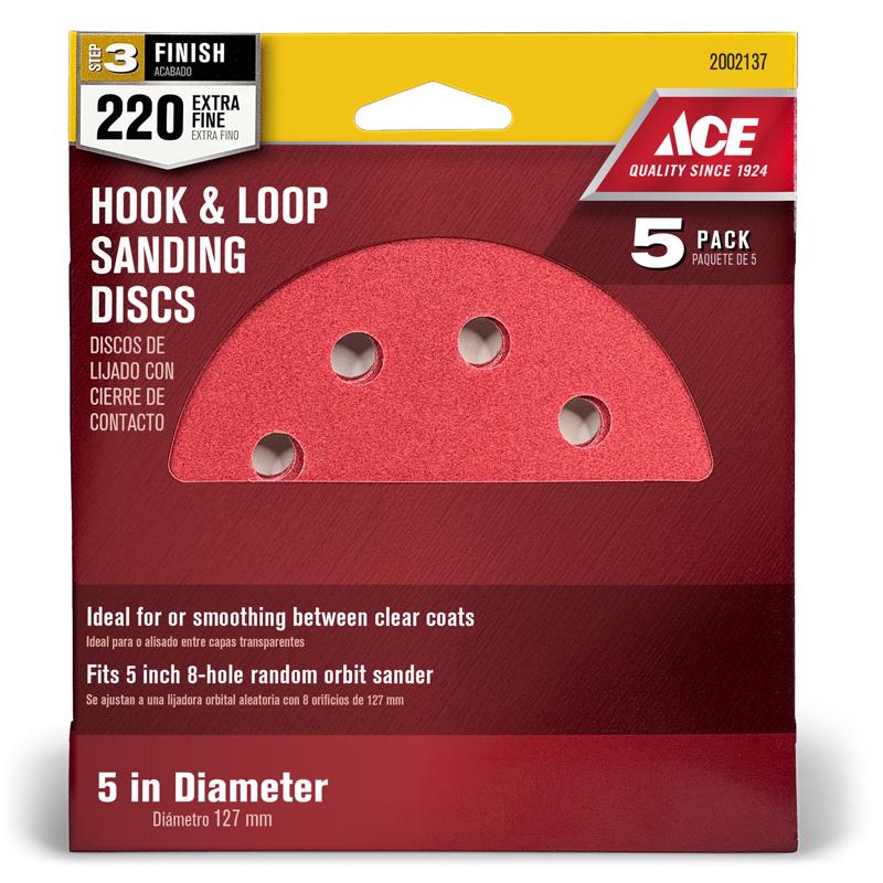 Ace 5 in. Aluminum Oxide Hook and Loop Sanding Disc 220 Grit Very Fine 5 pk, Pack of 5