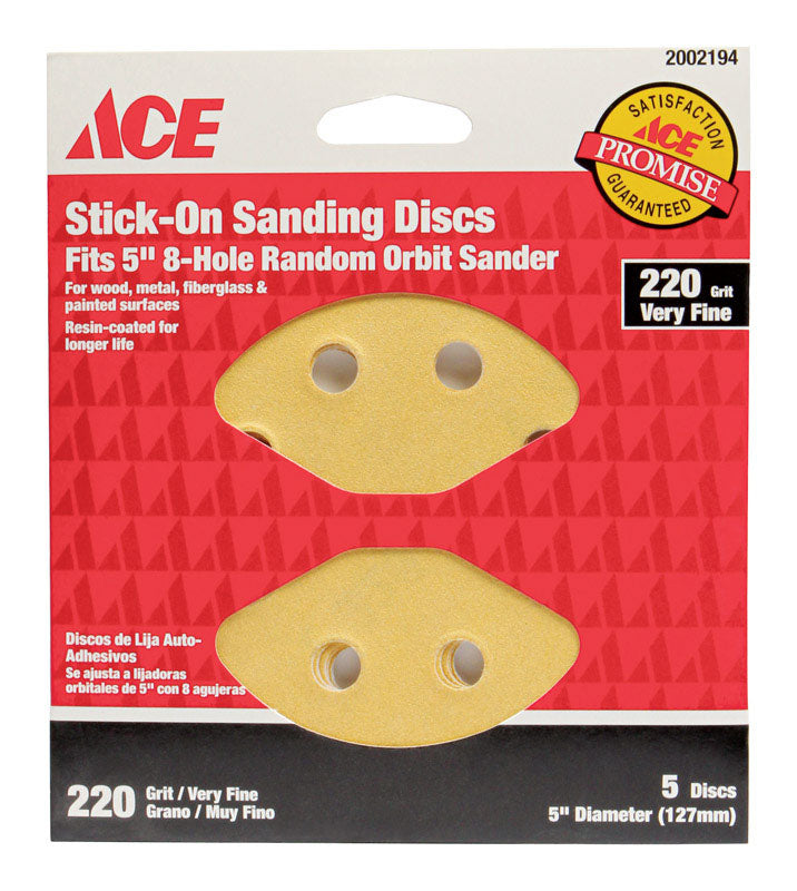 Ace 5 in. Aluminum Oxide Adhesive Sanding Disc 220 Grit Very Fine 5 pk, Pack of 5