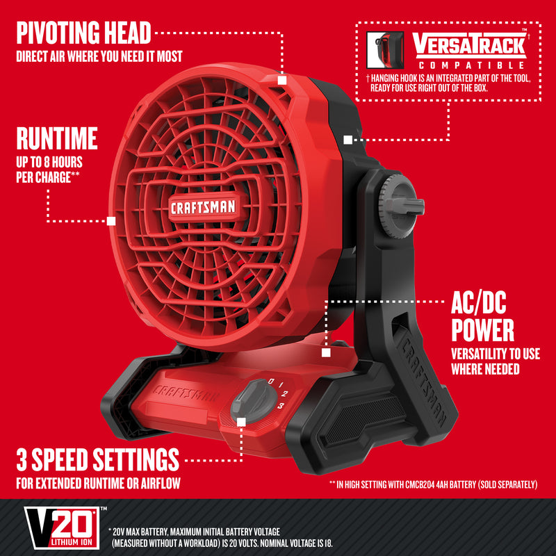 Craftsman V20 14 in. H 3 speed Cordless Jobsite Fan