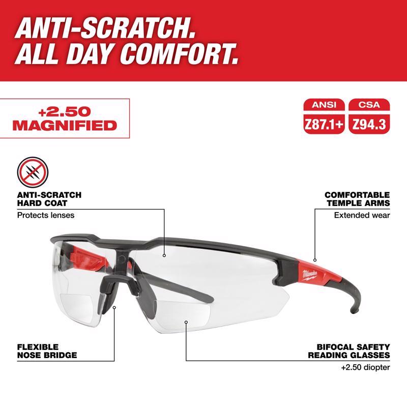 Milwaukee Anti-Scratch Magnified Safety Glasses Clear Lens Black/Red Frame