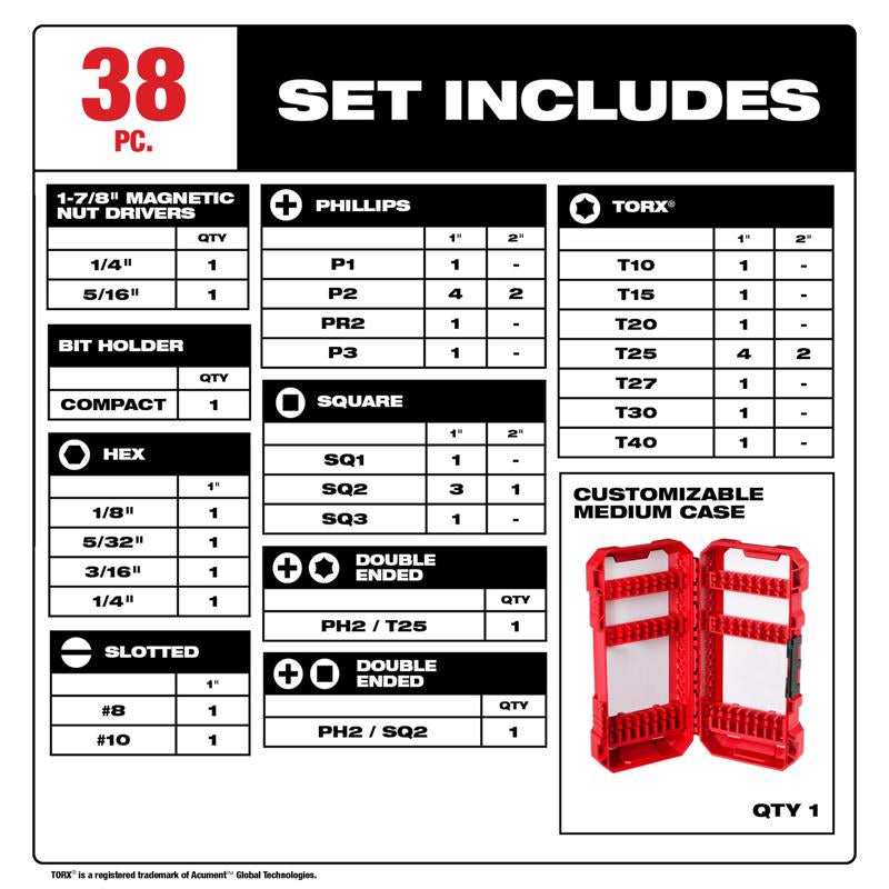 Milwaukee Shockwave Assorted Impact Driver Bit Set Alloy Steel 38 pc