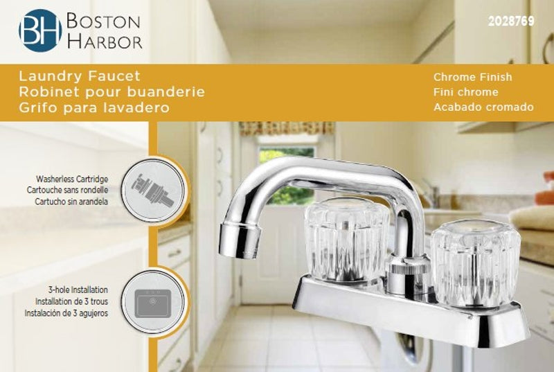 Boston Harbor FL010003CP Laundry Faucet, 2 gpm, 2-Faucet Handle, 3-Faucet Hole, Metal/Plastic, Chrome, Deck Mounting