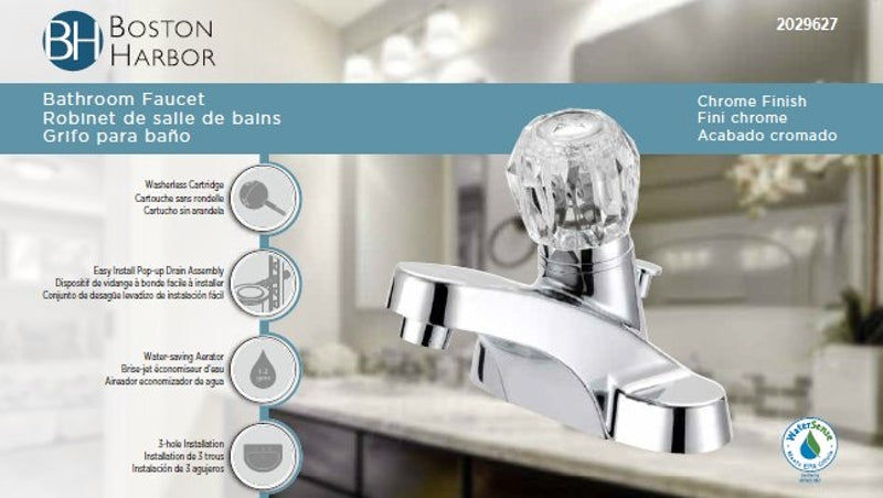 Boston Harbor F4510042CP Lavatory Faucet, 1.2 gpm, 1-Faucet Handle, 3-Faucet Hole, Metal/Plastic, Chrome, Round Handle