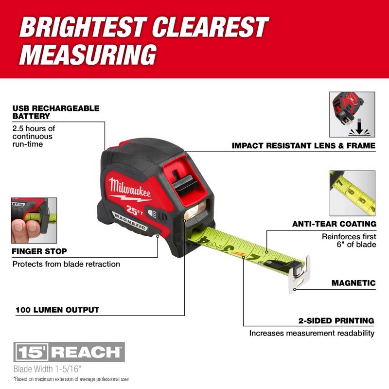 Milwaukee 25 ft. L X 1-1/16 in. W Compact Wide Blade with LED Light Magnetic Tape Measure 1 pk