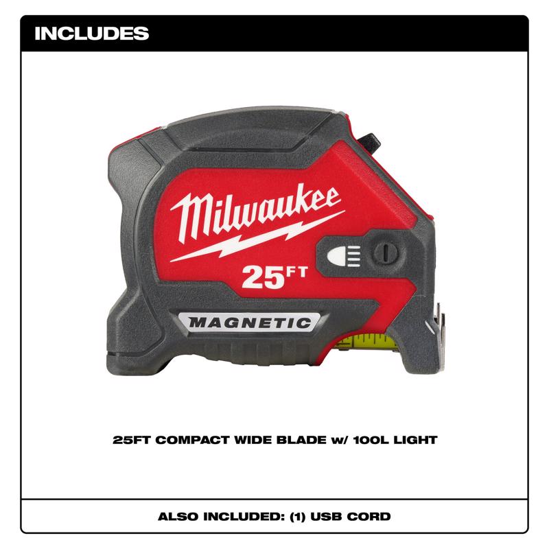 Milwaukee 25 ft. L X 1-1/16 in. W Compact Wide Blade with LED Light Magnetic Tape Measure 1 pk