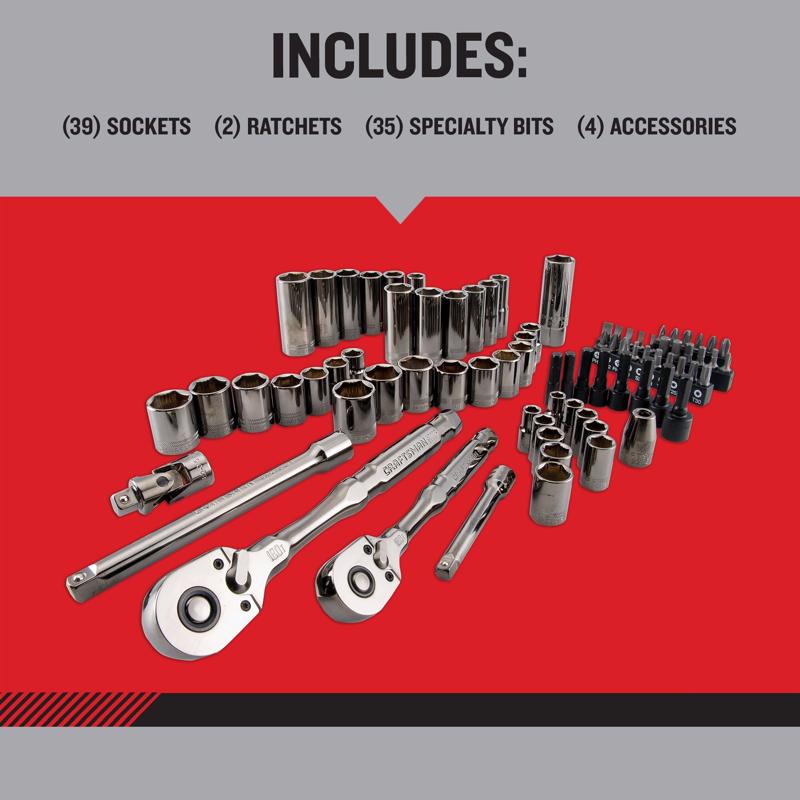 Craftsman OVERDRIVE 1/4 and 3/8 in. drive Metric/SAE 6 Point Mechanic's Tool Set 80 pc