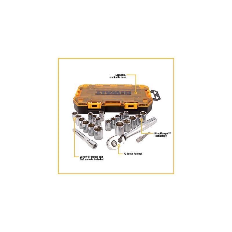 DeWalt 1/2 in. drive Metric/SAE 6 Point Socket Set 23 pc