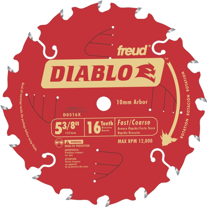 Diablo D0516X Circular Saw Blade, 5-3/8 in Dia, 10 mm Arbor, 16-Teeth, Carbide Cutting Edge