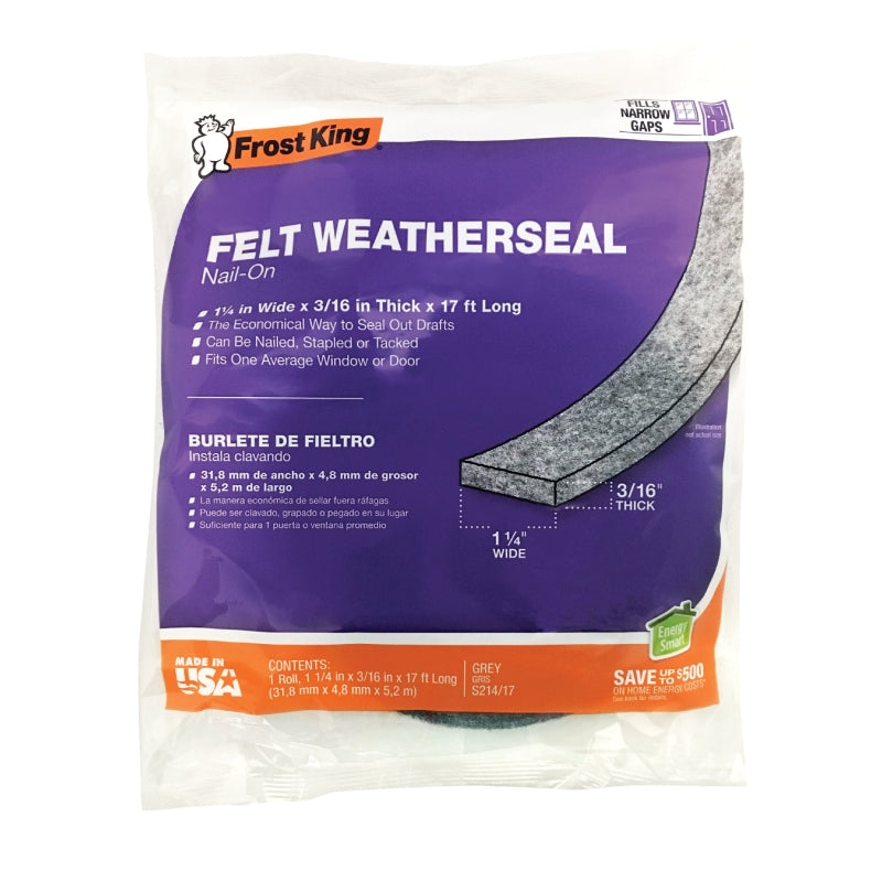 Frost King S214/17H Door Weatherstrip, 1-1/4 in W, 3/16 in Thick, 17 ft L, Felt Cloth, Gray, Nail, Staple, Tack Mounting