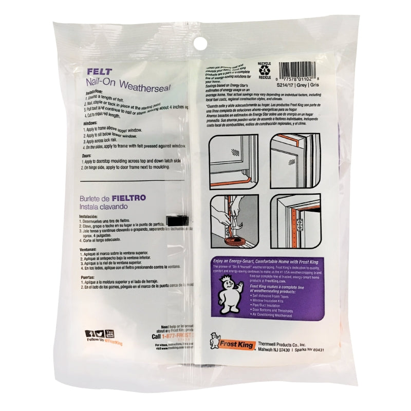 Frost King S214/17H Door Weatherstrip, 1-1/4 in W, 3/16 in Thick, 17 ft L, Felt Cloth, Gray, Nail, Staple, Tack Mounting