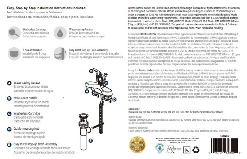 Boston Harbor TQ-F4510042CP Lavatory Faucet, 1.2 gpm, 1-Handle, 3-Faucet Hole, Metal/Plastic, Chrome Plated