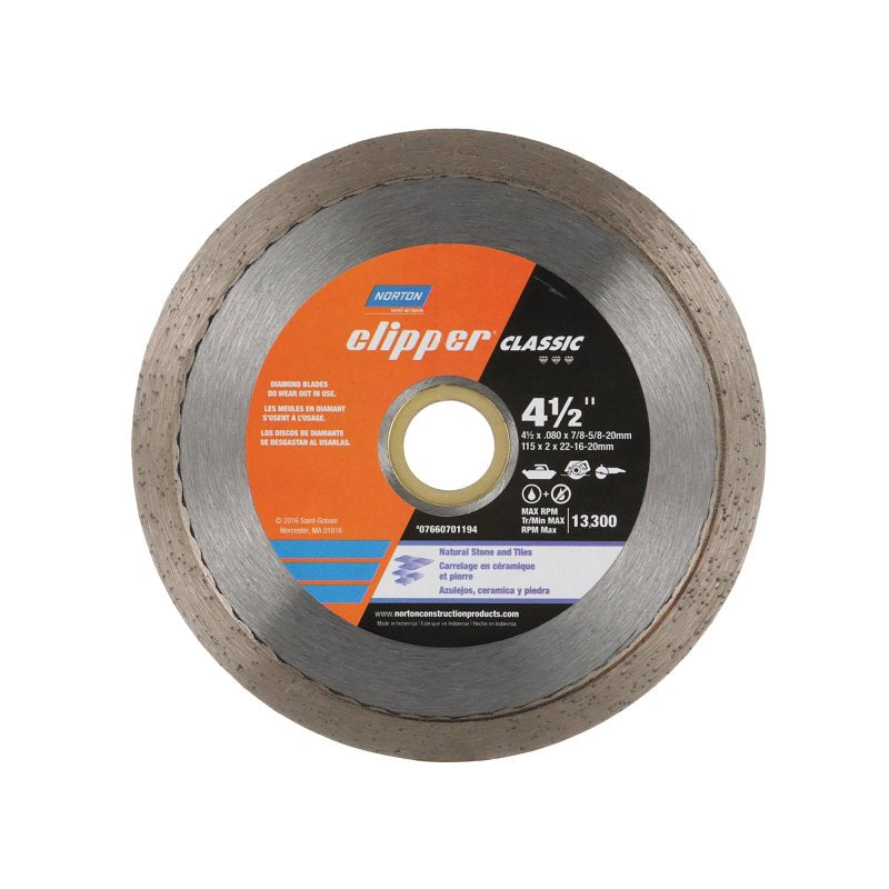 Norton Clipper Classic Series 07660701194 Diamond Saw Blade, 4-1/2 in Dia, 20 mm Arbor, Continuous Rim