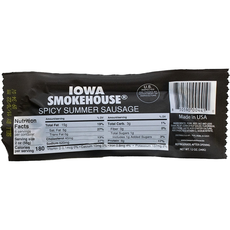 Iowa Smokehouse IS-SS12S Summer Sausage, Spicy, 12 oz, Pack of 12