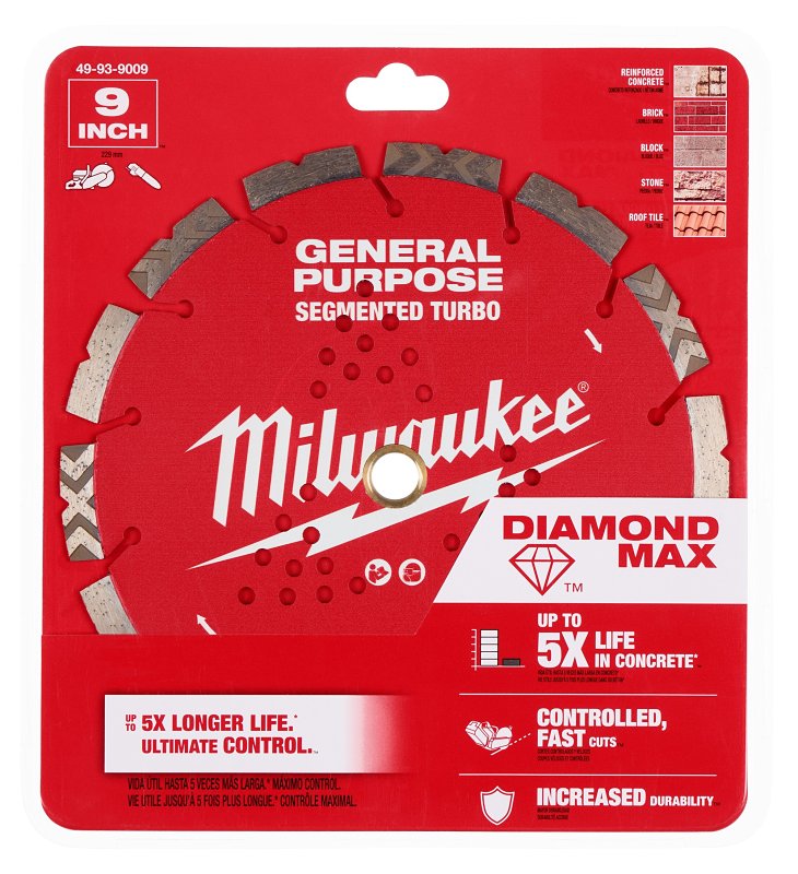 Milwaukee DIAMOND MAX 49-93-9009 General-Purpose Turbo Saw Blade, 9 in Dia, 5/8, 7/8 in Arbor, Diamond Cutting Edge