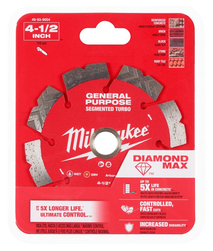 Milwaukee DIAMOND MAX 49-93-9004 General-Purpose Turbo Saw Blade, 4-1/2 in Dia, 5/8 in, 7/8 in, 20 mm Arbor