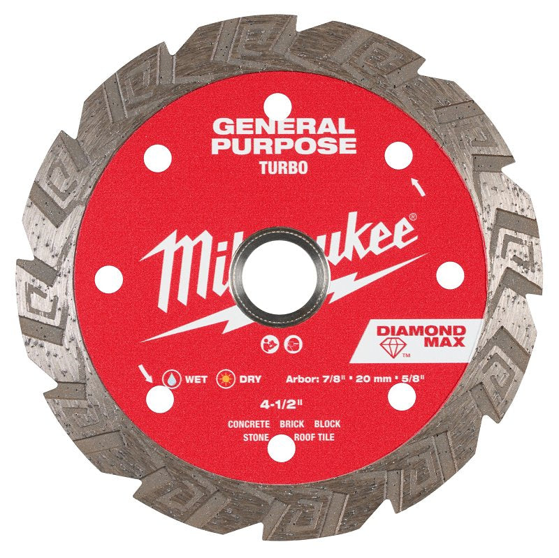 Milwaukee DIAMOND MAX 49-93-9104 General-Purpose Turbo Saw Blade, 4-1/2 in Dia, 5/8 in, 7/8 in, 20 mm Arbor, Turbo Rim